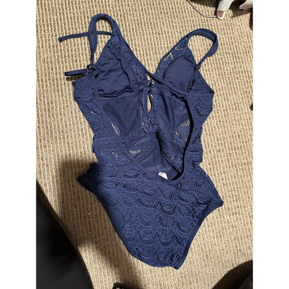 Becca Color Play Sheer Crochet Plunge One Piece Swimsuit Navy Blue M - Picture 3 of 3